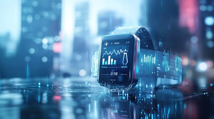 Fitness tracker display with notifications for water intake and hydration reminders, set against a dynamic cityscape running background