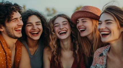 Obraz premium Group of friends laughing and having fun outdoors together, A joyful image that is popular in lifestyle, travel and entertainment.