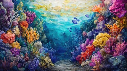 Fototapeta premium An immersive underwater panorama depicting diverse marine ecosystems, each representing a social issue, rich colors and textures, watercolor painting with a touch of surrealism