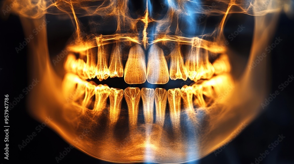 Sticker A close-up x-ray image of a human skull with glowing teeth.