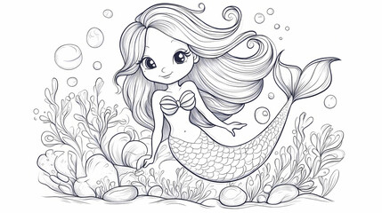 Cute cartoon mermaid coloring pages for kids. Mermaid. Illustration © Thiago