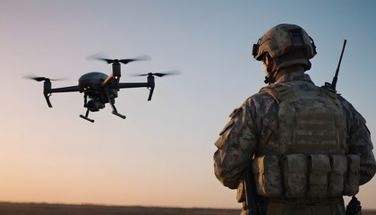 Naklejka premium Modern Soldier Operating a Drone