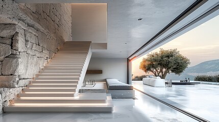 Fototapeta premium Interior design modern luxury villa, stone and concrete wall, steel stairs minimalism. Generative AI.