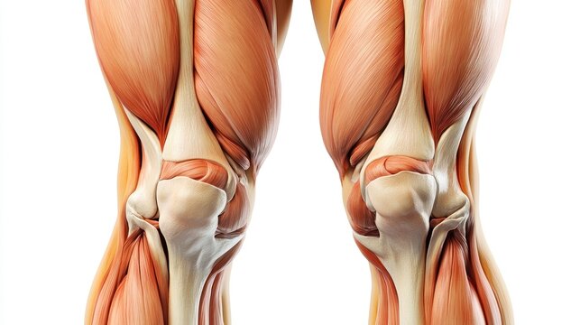 A detailed anatomical illustration showcasing the muscles and bones of the human knee joint.