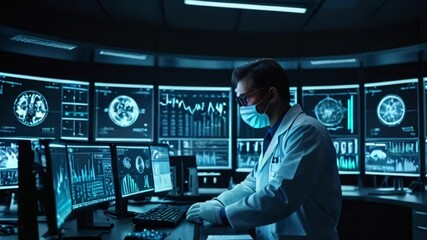 A medical professional wearing a face mask works at a computer, analyzing medical data on multiple monitors in a dark room. - Powered by Adobe