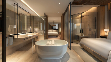 Hotel room with a modern bathroom, Open-plan design, Luxurious amenities, Soft natural light, Relaxing and spa-like experience.