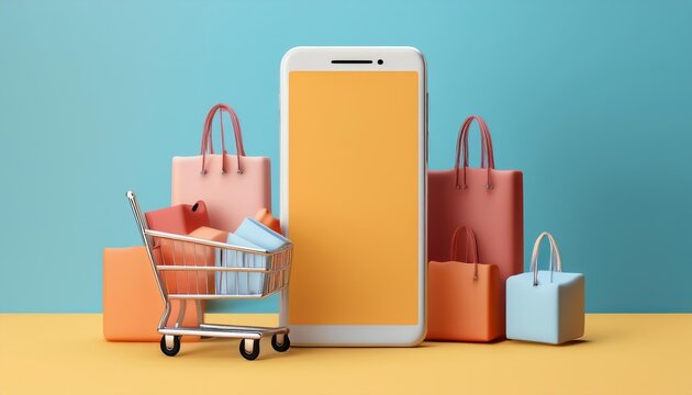 Online shopping concept with smartphone, shopping cart, and bags on colorful background. Mobile commerce and retail technology.