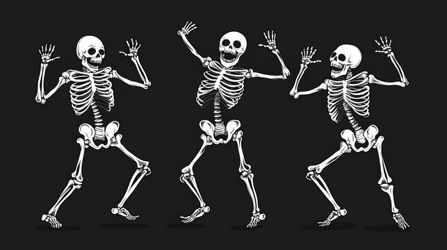 Get ready for a spine-tingling Halloween with our latest vector poster! Featuring dancing skeletons, this eerie design showcases funny white human bones boogying away in a horror-style black backdrop.
