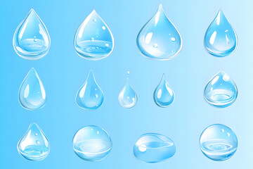 Naklejka premium Realistic water droplets vector style set isolated on blue background