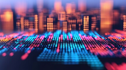 Futuristic Investment Planning Visualization in Digital Holographic Data Cityscape with Business Growth - Ultra HD Copy Space