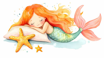 Little mermaid character cartoon watercolor illustration, orange hair, pink green tail, she hugged a starfish pillow, isolated on white texture watercolor paper. Mermaid. Illustration © Thiago