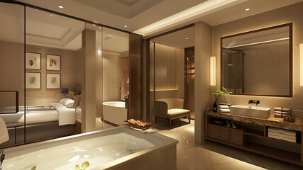 Hotel room with a modern bathroom, Open-plan design, Luxurious amenities, Soft natural light, Relaxing and spa-like experience.