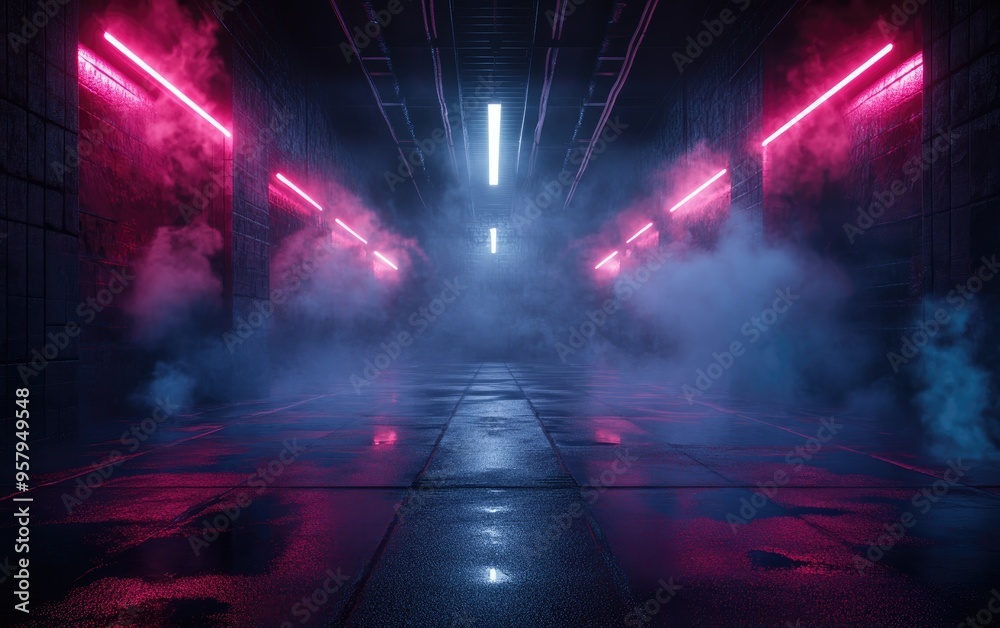 Poster 3d rendering of an empty background scene featuring dark street reflections on wet asphalt with neon