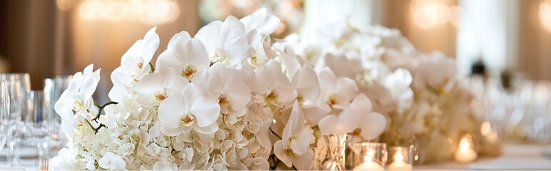 3D rendering of a centerpiece floral arrangement featuring white orchids enhancing the table setting for a wedding reception