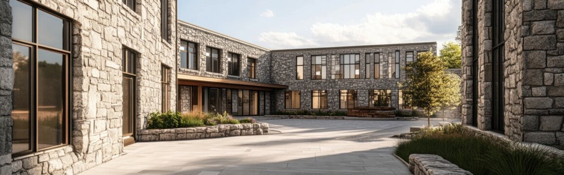 3D rendering of stonemasonry vocational school showcasing alumni stonework
