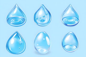 Realistic water droplets vector style set isolated on blue background