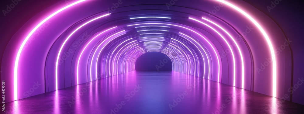 Poster 3d rendering of an abstract ultraviolet light tunnel featuring laser lines with a violet and pink gr