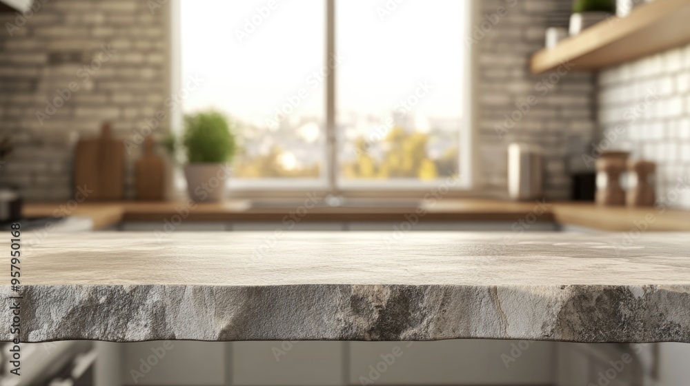 Wall mural 3D rendering of a stone tabletop with a blurred kitchen interior background ideal for displaying or showcasing products