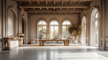 Fototapeta premium Big dining room, Interior Design, big space and high ceilings and elegant. Generative AI.
