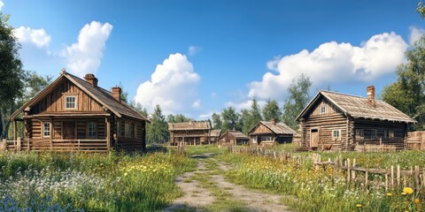 3D rendering of rustic wooden houses from the 18th and 19th centuries on a bright summer day