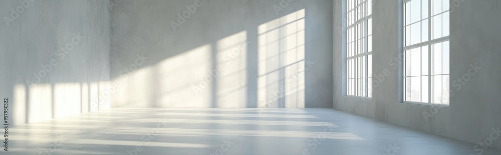Poster 3d rendering of a minimalist interior design featuring an empty room with windows showcasing abstrac