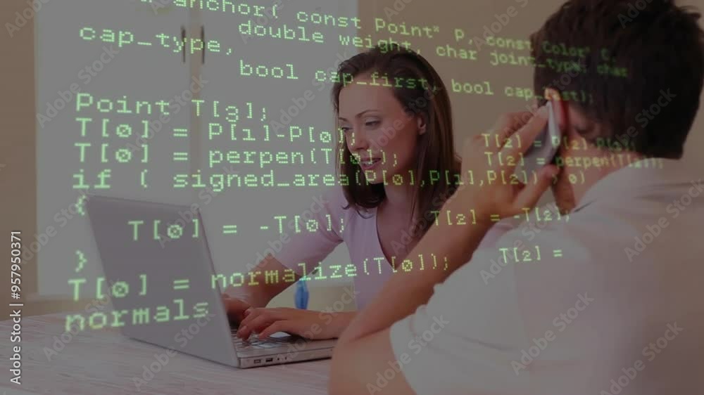 Poster programming code animation over people working on laptops in office