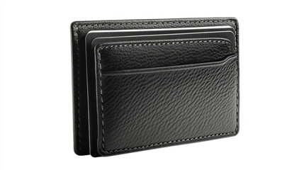Black leather wallet isolated against a white background. Mock-up for branding purposes