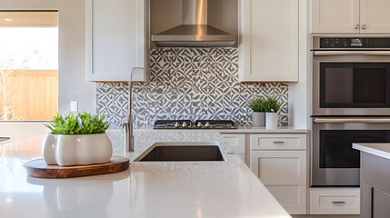 Stylish and Modern Kitchen with Geometric Backsplash and Clean Lines