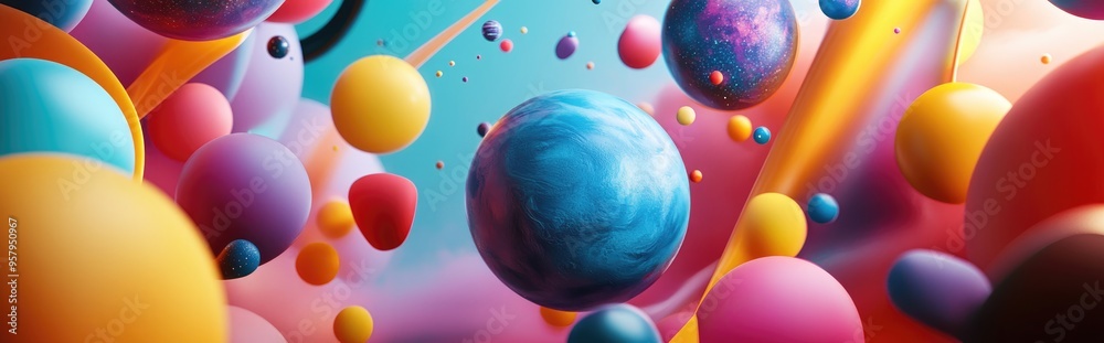 Aufkleber Geometry illustration of virtual space featuring a 3D cartoon rendering This artistic multicolored abstraction includes elements such as planets galaxies stars cosmos the sea earth sunsets globes