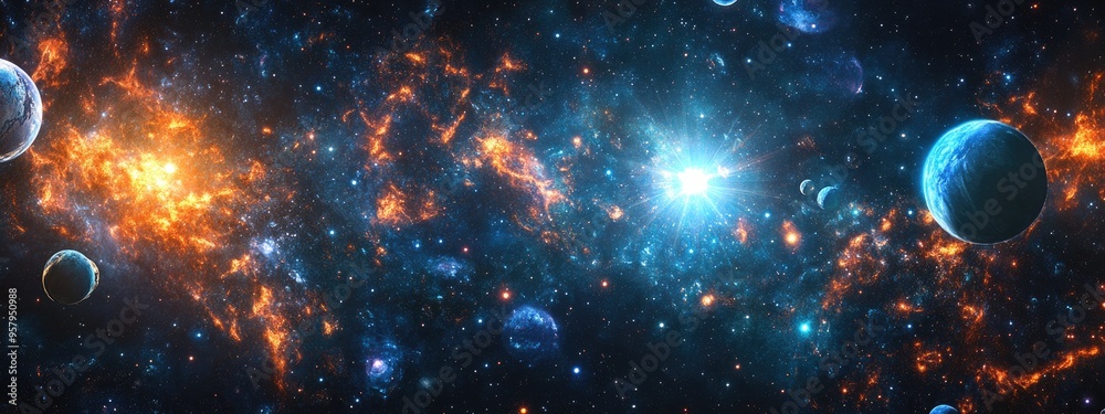Poster 2d illustration featuring a 3d cartoon rendering of a deep vast space filled with bright stars plane