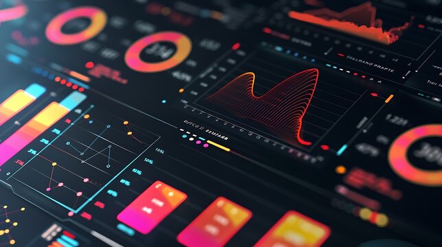 Digital dashboard with data visualization pie chart and graph for representing data analysis information presentation technology business development and market trends concept.