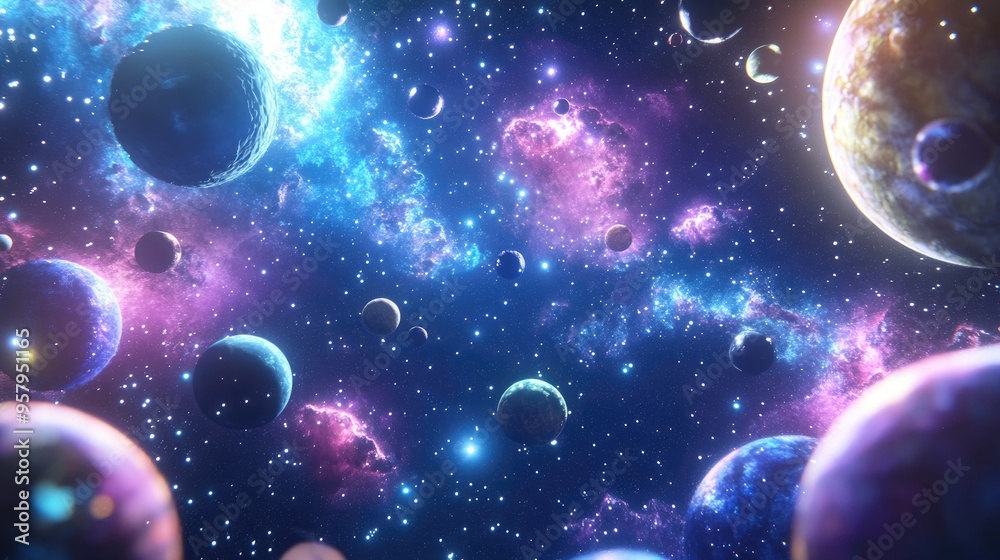 Poster cartoon style 3d rendering depicting planets and a galaxy illustrating science fiction themes the be