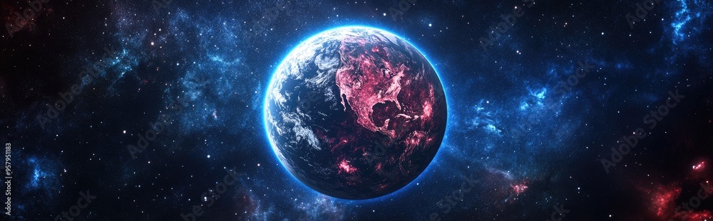 Poster Planet Earth in outer space featuring a panoramic view with stars and galaxy in a 3D cartoon rendering Wide horizontal image
