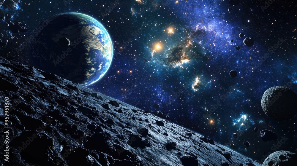 Poster cartoon rendering in 3d of outer space