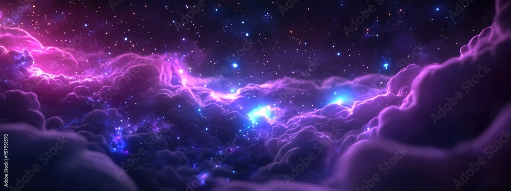 Poster Space background featuring a nebula and shining stars with a giant interstellar cloud in a 3D cartoon rendering Infinite universe 3D illustration