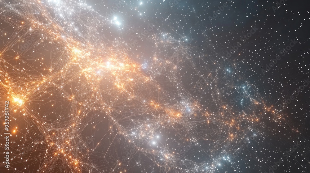 Fototapete 3D illustration featuring a hi tech network with a white abstract background and a starry outer space texture in a cartoon rendering style