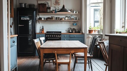 Cozy Vintage Kitchen with Rustic Wooden Table and Mismatched Chairs