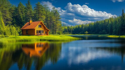 Obraz premium A small cabin sits in the middle of a lake surrounded by trees