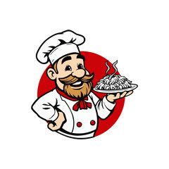 chef mascot logo design. Chef Design vector Logo illustration, Restaurant logo. Cartoon smiling chef character with food 