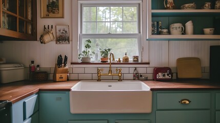 Timeless Vintage Kitchen with Enamel Sink and Brass Fixtures