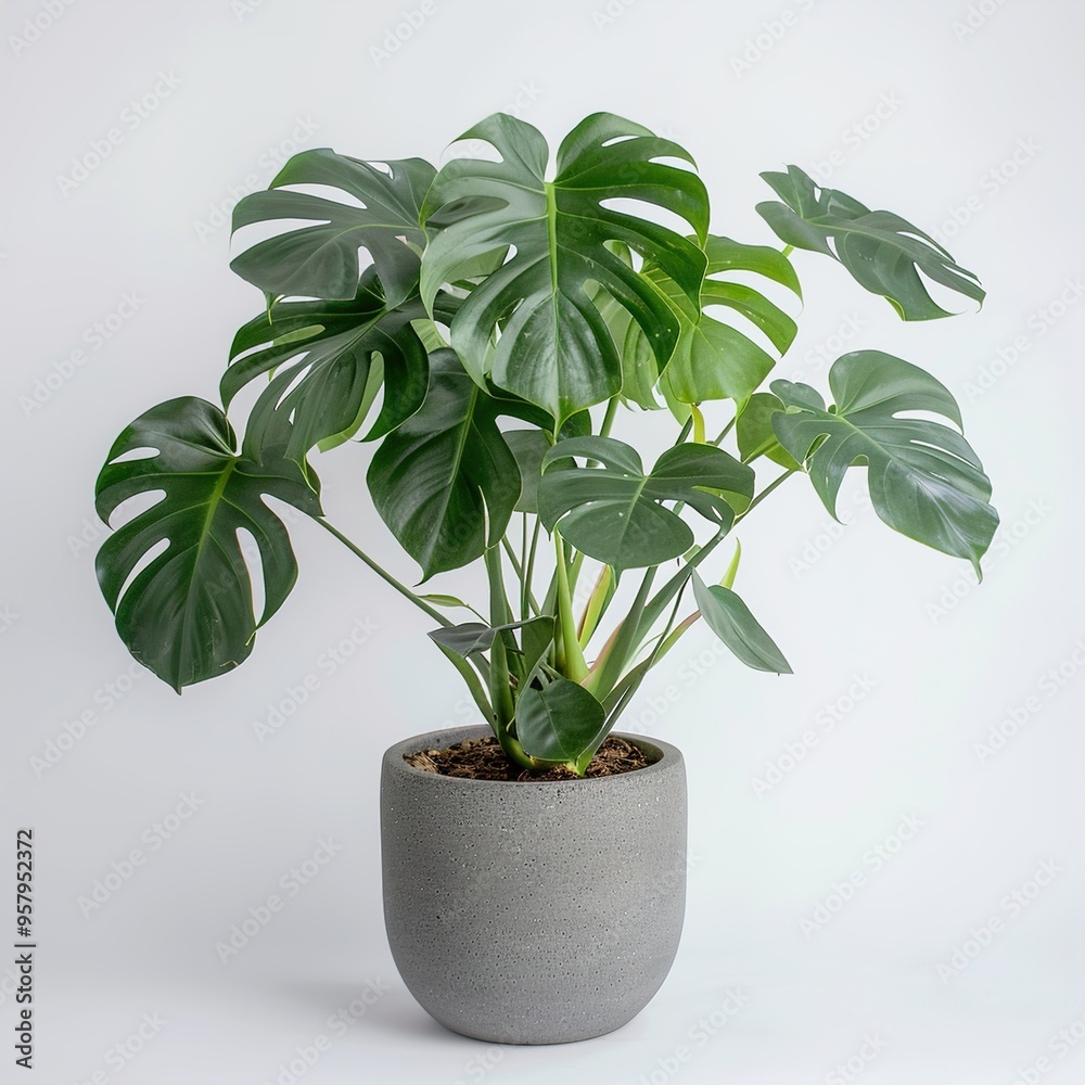 Canvas Prints large leaf house plant Monstera deliciosa in a gray pot on a white background 