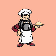 chef mascot logo design. Chef Design vector Logo illustration, Restaurant logo. Cartoon smiling chef character with food 
