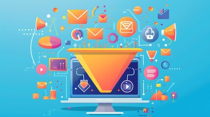 Colorful illustration of marketing funnel with digital marketing elements for converting prospects into customers sales process and business growth concept.