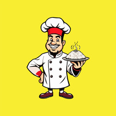 chef mascot logo design. Chef Design vector Logo illustration, Restaurant logo. Cartoon smiling chef character with food 
