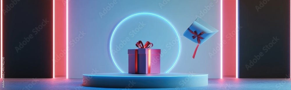 Poster Abstract background featuring a geometric circular podium for showcasing products or special occasions accompanied by a flying open gift box adorned with a red ribbon set against a white backdrop