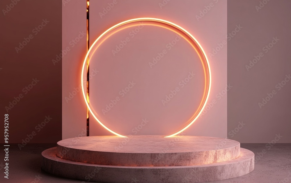 Poster minimalistic mock up podium featuring concrete and rose gold materials designed for product presenta