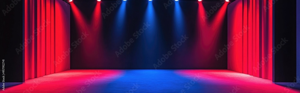 Poster Red light stage setup featuring a neon backdrop spotlights textured floor ideal for showcasing products in a studio environment
