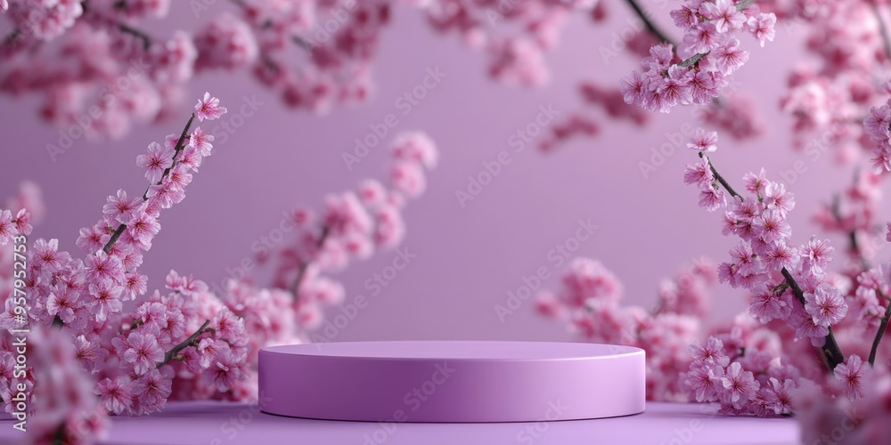 Aufkleber violet podium displayed against a backdrop of cherry blossom flowers ideal for product placement 3d 