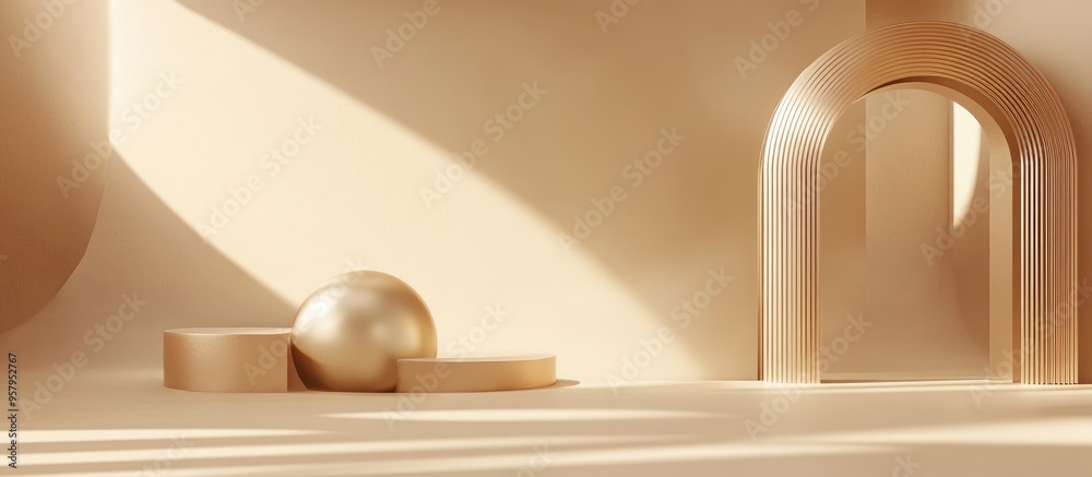 Poster composition featuring smooth rounded shapes in champagne hues for product showcasing 3d rendering
