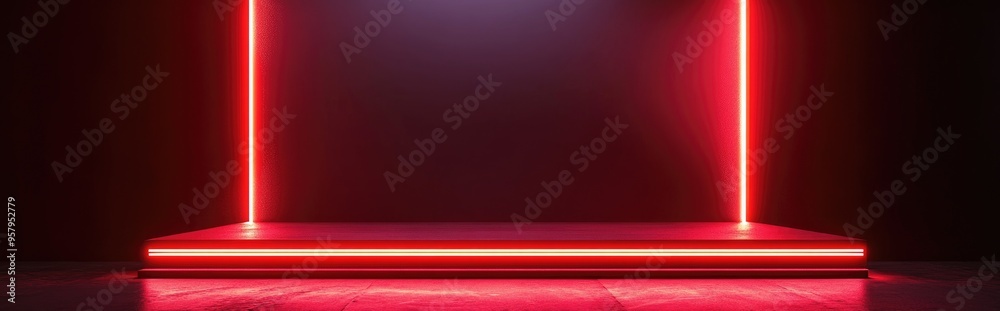 Poster product display stage featuring red neon light against a dark backdrop 3d rendering